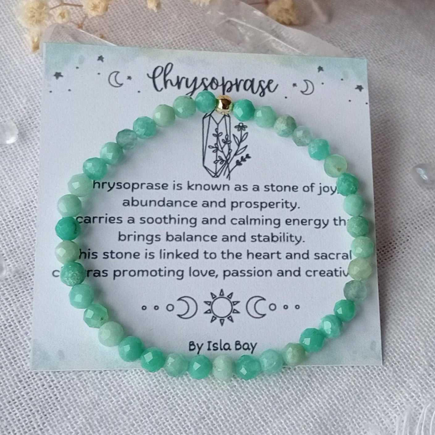 Natural Chrysoprase Bracelet, High Quality, Faceted Crystals, Minimalist, Handmade, Crystals Information Card, Positive Energy, Gifts.